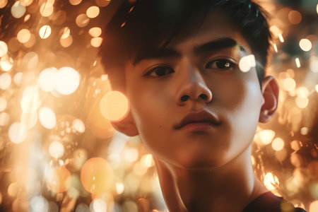 Portrait of a handsome young asian man with bokeh backgroundの素材