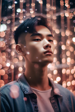 Portrait of a handsome young asian man on the background of lights.の素材