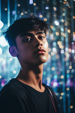 Portrait of a young asian man on abstract background with lights.の素材