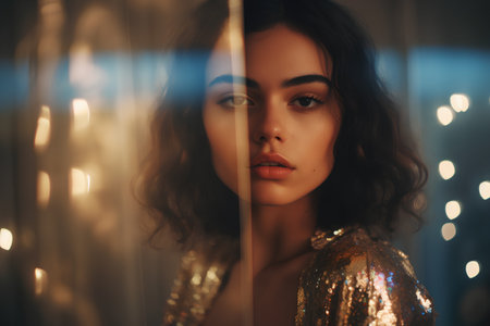 Portrait of a beautiful brunette girl in a gold dress.の素材