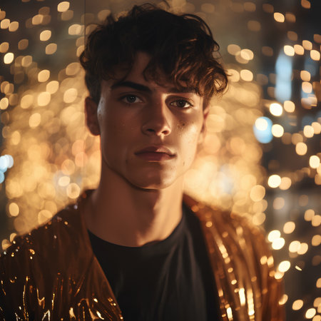 Portrait of a young handsome man in a golden jacket on a background of Christmas lights.の素材