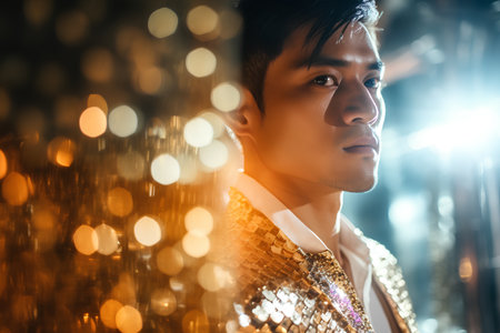 Portrait of a handsome asian man in a gold suit.の素材