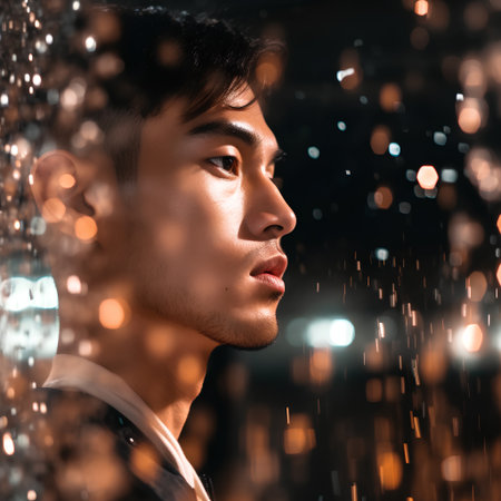 Portrait of young handsome asian man with raindrops on his face.の素材