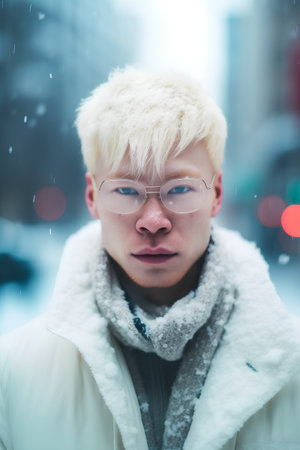 Portrait of a young man with blond hair in winter clothes in the cityの素材