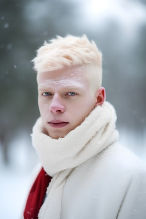 Portrait of a handsome young man with blond hair in the winter forestの素材