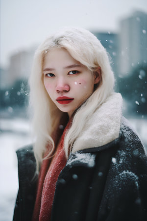 Winter portrait of a beautiful young woman in the city. Snowfall.の素材