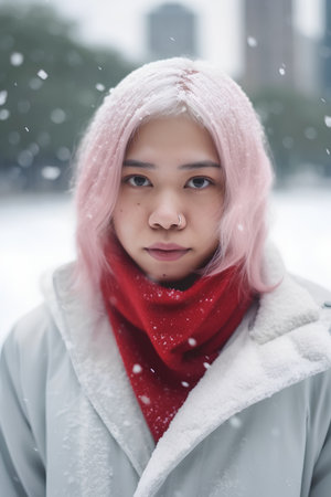 Portrait of a beautiful asian woman in winter clothes with pink hairの素材