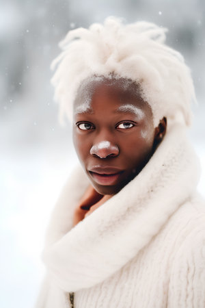 Portrait of a beautiful african american woman in winter parkの素材