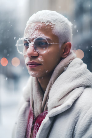 Portrait of a young man in the city with snowflakesの素材