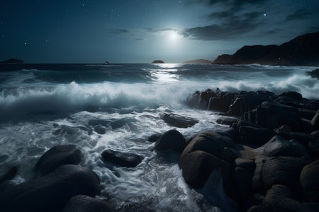 Beautiful night seascape with starry sky and sea wavesの素材