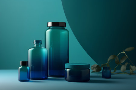 Cosmetic bottles and green leaves on a blue background. 3d renderingの素材