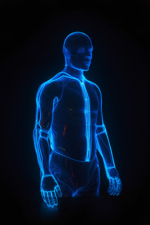Human body anatomy with glowing lines on dark background. 3d renderingの素材
