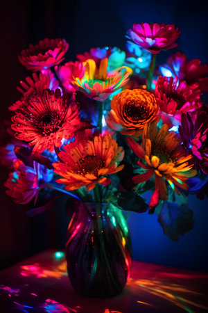 Bouquet of bright flowers in a vase on a dark backgroundの素材