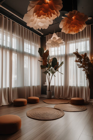 Interior of modern living room with wooden floor, orange armchairs and brown pouf. 3d renderingの素材