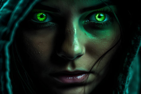 Beautiful girl with green eyes in the hood. Halloween concept.の素材