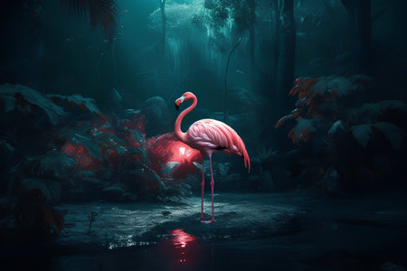 Flamingo in the jungle. 3D render. Toned.の素材