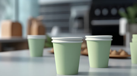 Green paper coffee cups standing on white table in modern kitchen. 3d renderingの素材