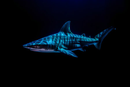 Shark isolated on a black background. 3D rendering. Underwater world.の素材