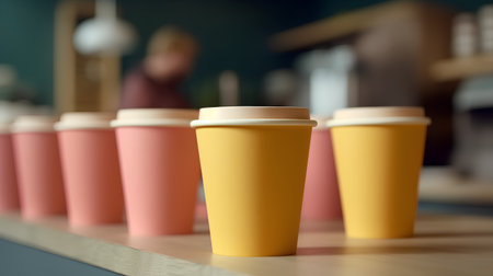 Coffee cups on the shelf in a coffee shop. 3d renderingの素材