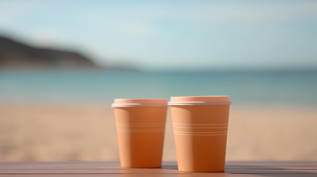 Two paper coffee cups on the beach. Blurred sea background.の素材