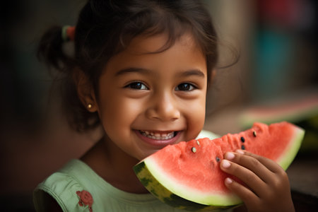 Portrait of a cute little girl eating watermelon at home.の素材