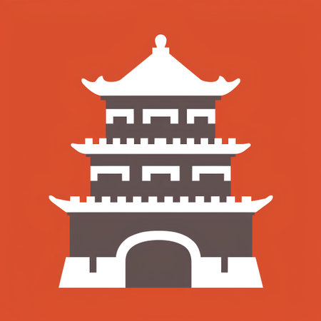 Chinese ancient building icon in flat style isolated on orange background. Vector illustration.の素材