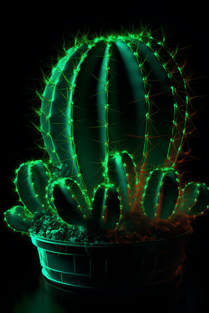 3D rendering of cactus in a pot with green lights on a black backgroundの素材