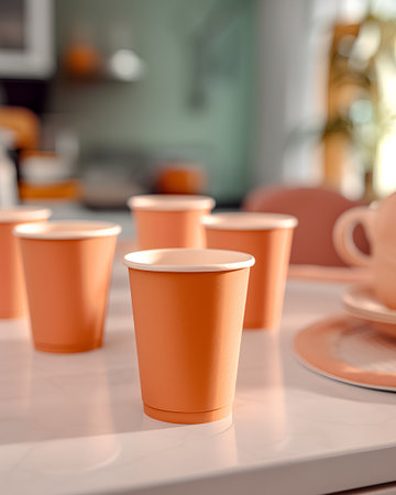 Orange paper cups on the table in the kitchen. 3d renderingの素材