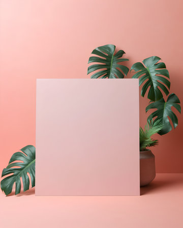 Tropical leaves in pot and blank paper sheet on pink background. Minimal summer concept.の素材