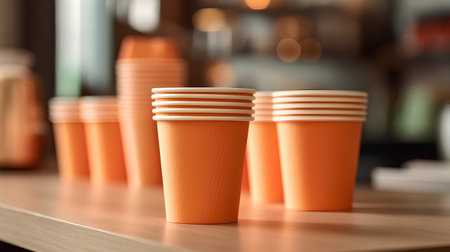Coffee cups on the table in a cafe, close upの素材