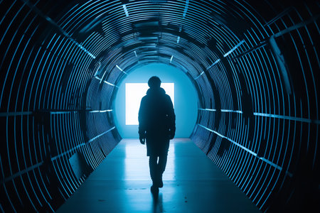 Silhouette of a man in a futuristic tunnel. 3D renderingの素材