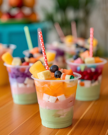 Fruit salad in plastic cups on a wooden table, selective focusの素材