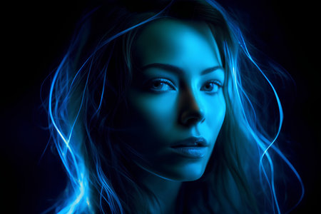 Portrait of a beautiful young woman with long hair and blue neon light.の素材
