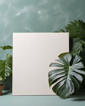 Tropical background with monstera leaves and blank poster. 3d renderの素材
