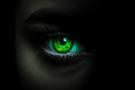 Green female eye close-up on a black background. 3d renderingの素材