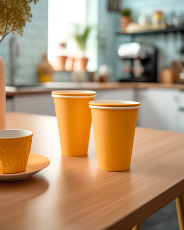 Orange coffee cups on the table in the kitchen. 3d renderingの素材
