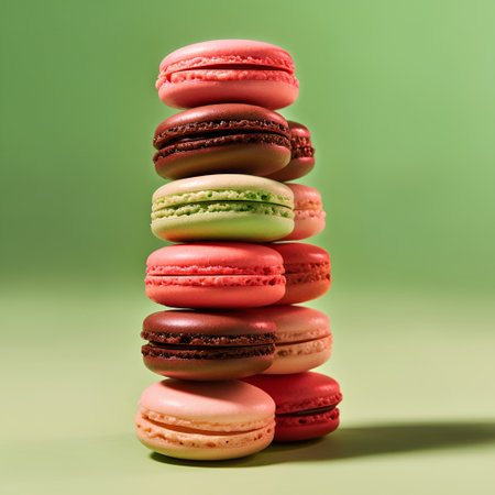 Stack of colorful macaroons on green background. Close up.の素材