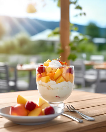 Yogurt with fresh fruit in glass bowl on wooden table outdoorsの素材