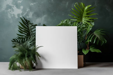 Mockup of a vertical sheet of white paper on a gray table with green plantsの素材