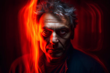 Portrait of a man in a dark room with red light.の素材