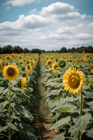 Field of sunflowers with blue sky and white clouds in summerの素材