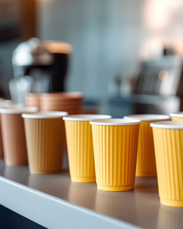 Row of yellow disposable paper coffee cups on metal table in coffee shopの素材