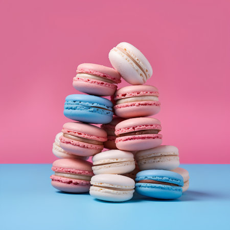 Stack of multicolored macaroons on blue and pink backgroundの素材