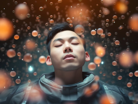 Image of young asian man under falling drops of rain against dark backgroundの素材