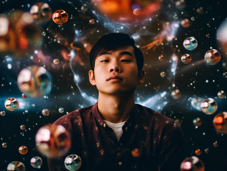 Young asian boy blowing bubbles in outer space. Futuristic universe.の素材
