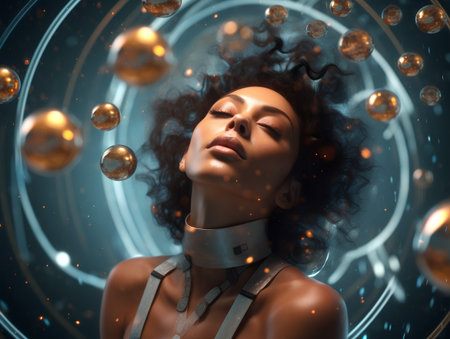 Portrait of a beautiful african american woman surrounded by spheresの素材
