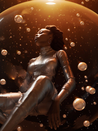 3D Illustration of a beautiful African woman in a futuristic space suitの素材