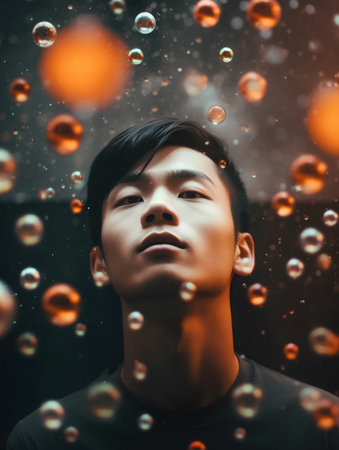 Portrait of a young asian man in the rain with bubblesの素材