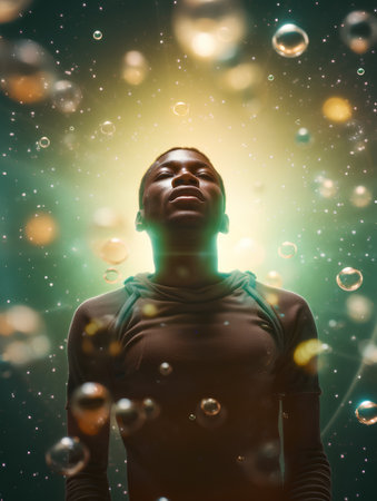 Young african american man blowing soap bubbles with bokeh backgroundの素材