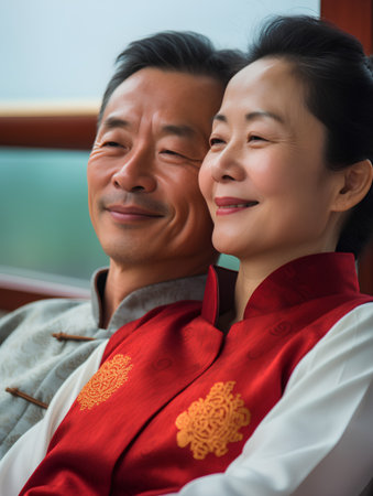 Happy asian couple in traditional clothes on a cruise ship, closeupの素材